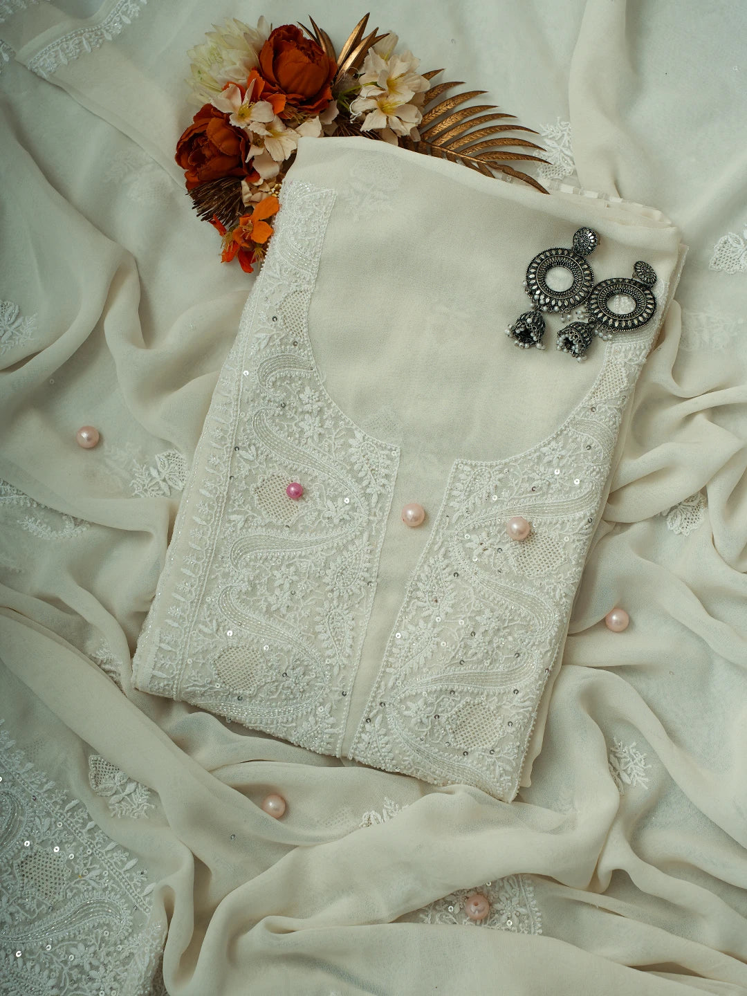 Ada Hand Embroidered Smoke White Pure Georgette Lucknowi Chikankari Unstitched Kurta Dupatta Set With Cutdana Work 01A623445
