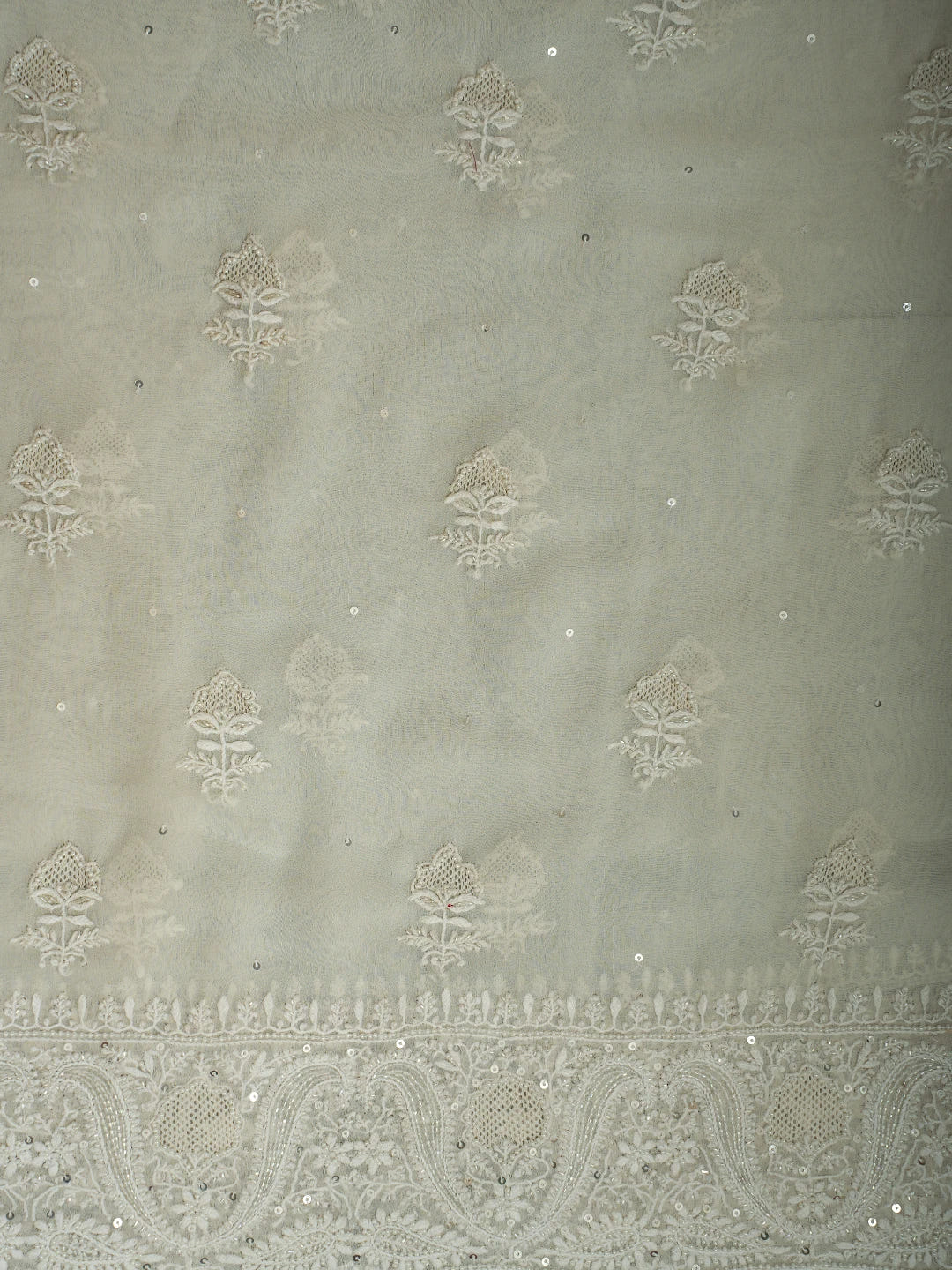 Ada Hand Embroidered Smoke White Pure Georgette Lucknowi Chikankari Unstitched Kurta Dupatta Set With Cutdana Work 01A623445