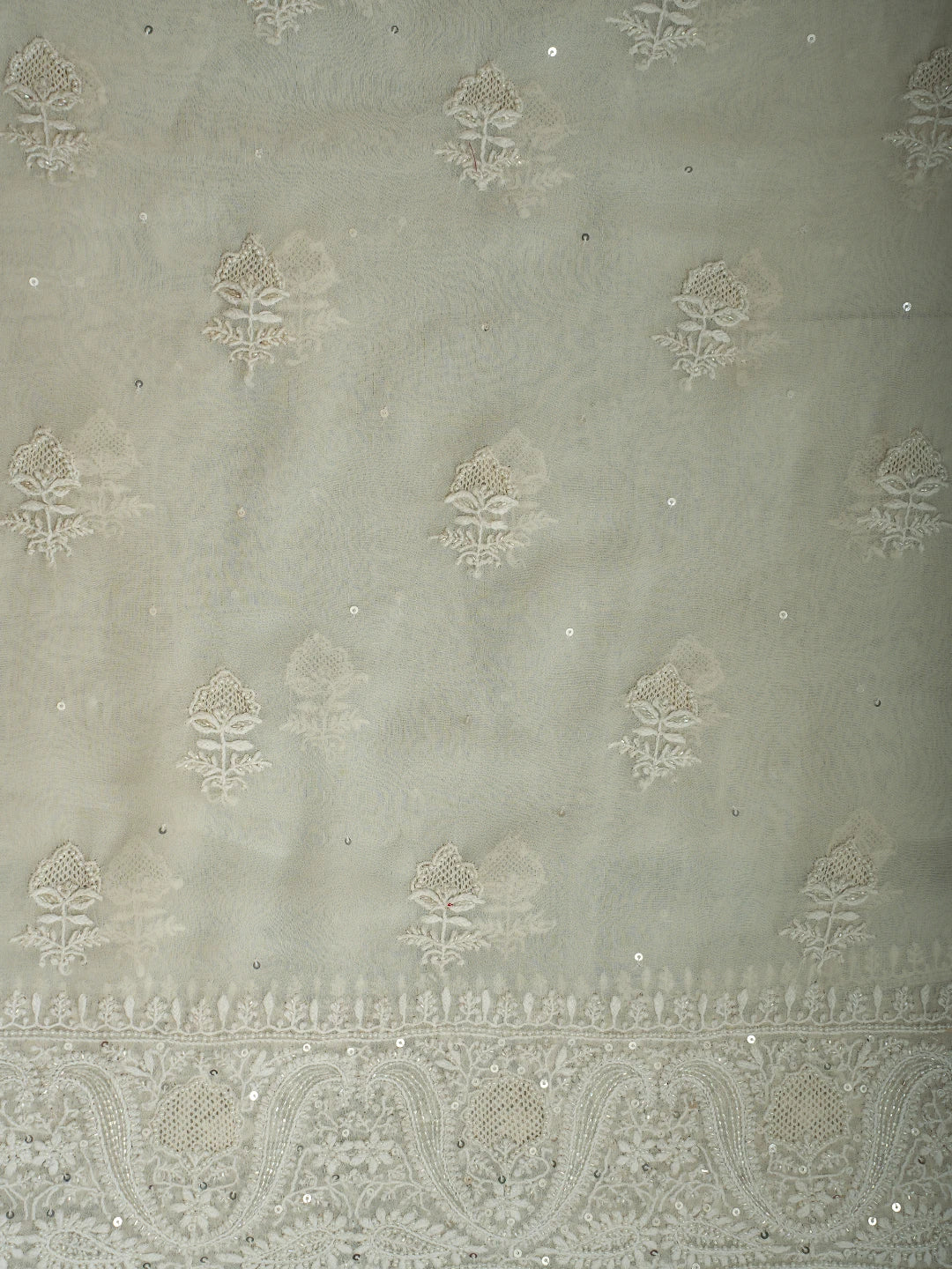 Ada Hand Embroidered Smoke White Pure Georgette Lucknowi Chikankari Unstitched Kurta Dupatta Set With Cutdana Work 01A623445