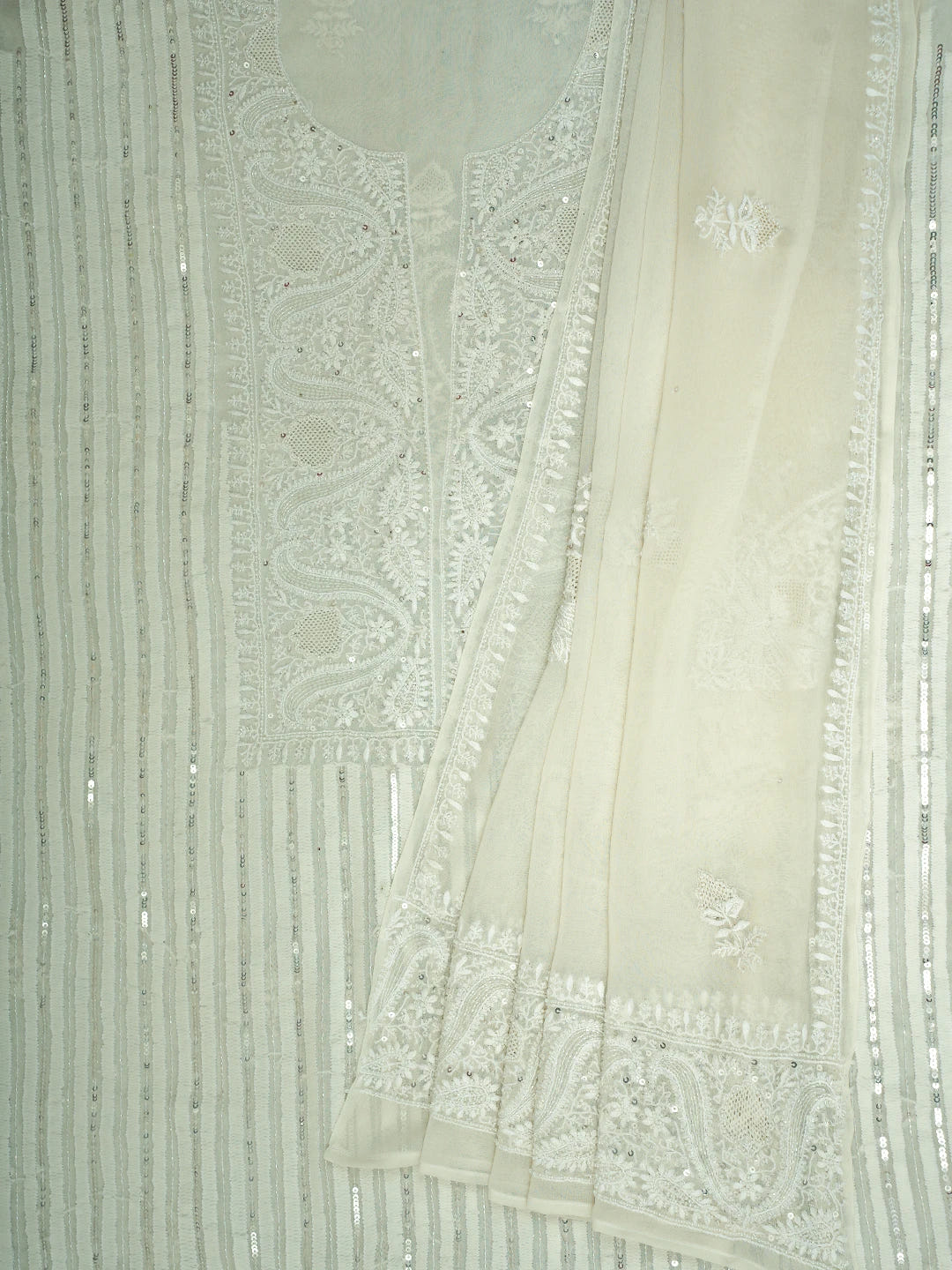 Ada Hand Embroidered Smoke White Pure Georgette Lucknowi Chikankari Unstitched Kurta Dupatta Set With Cutdana Work 01A623445