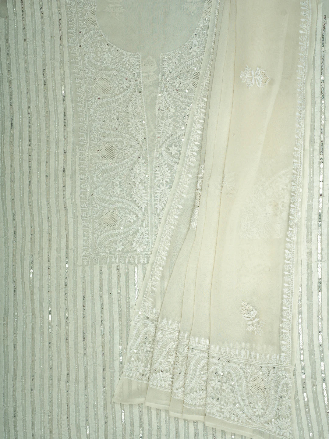 Ada Hand Embroidered Smoke White Pure Georgette Lucknowi Chikankari Unstitched Kurta Dupatta Set With Cutdana Work 01A623445