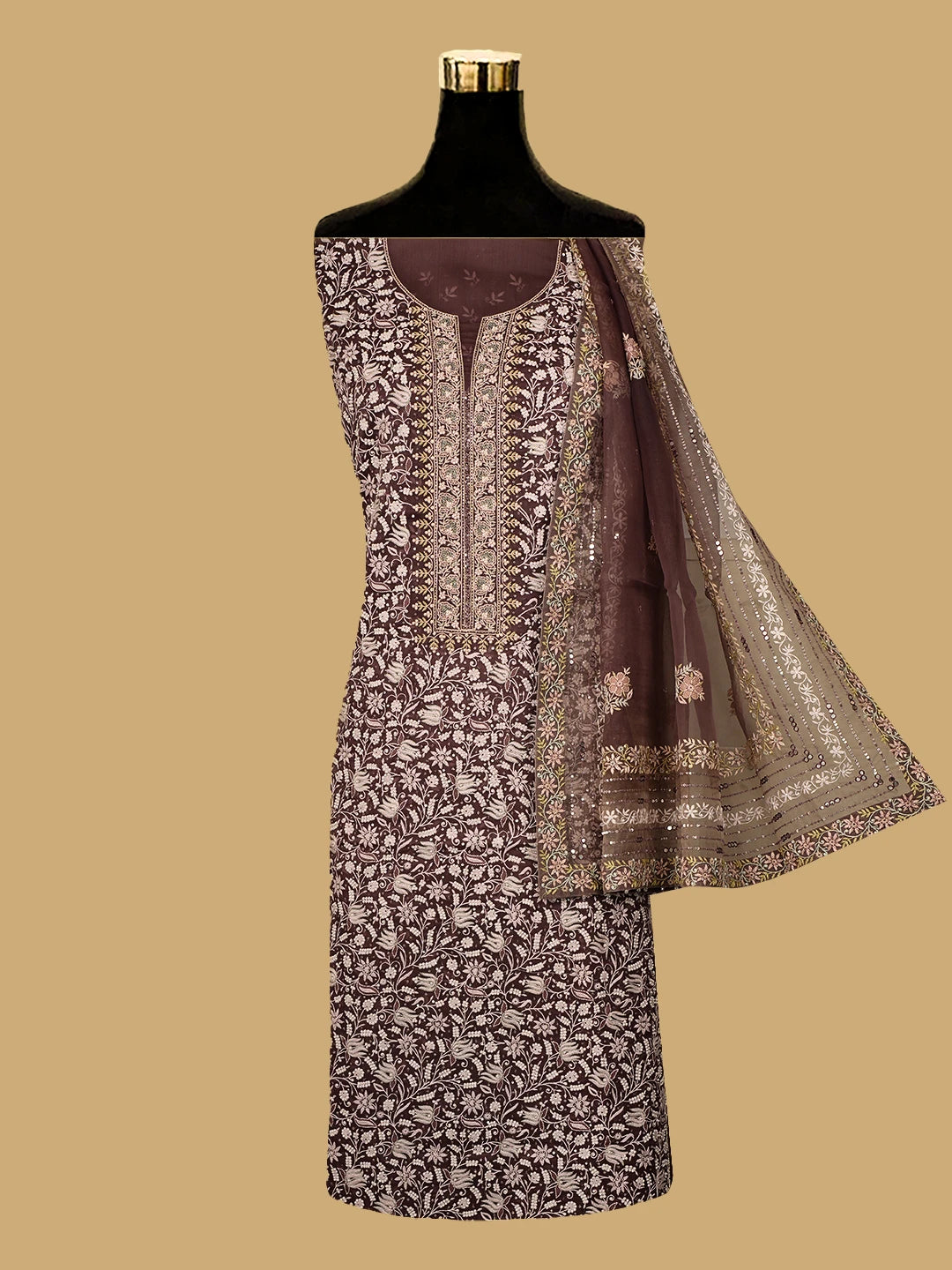 Ada Hand Embroidered Wine Organza Lucknowi Chikankari Unstitched Kurta Dupatta Set With Cutdana Work 01A727165