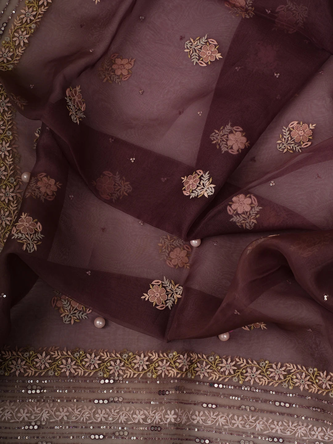 Ada Hand Embroidered Wine Organza Lucknowi Chikankari Unstitched Kurta Dupatta Set With Cutdana Work 01A727165