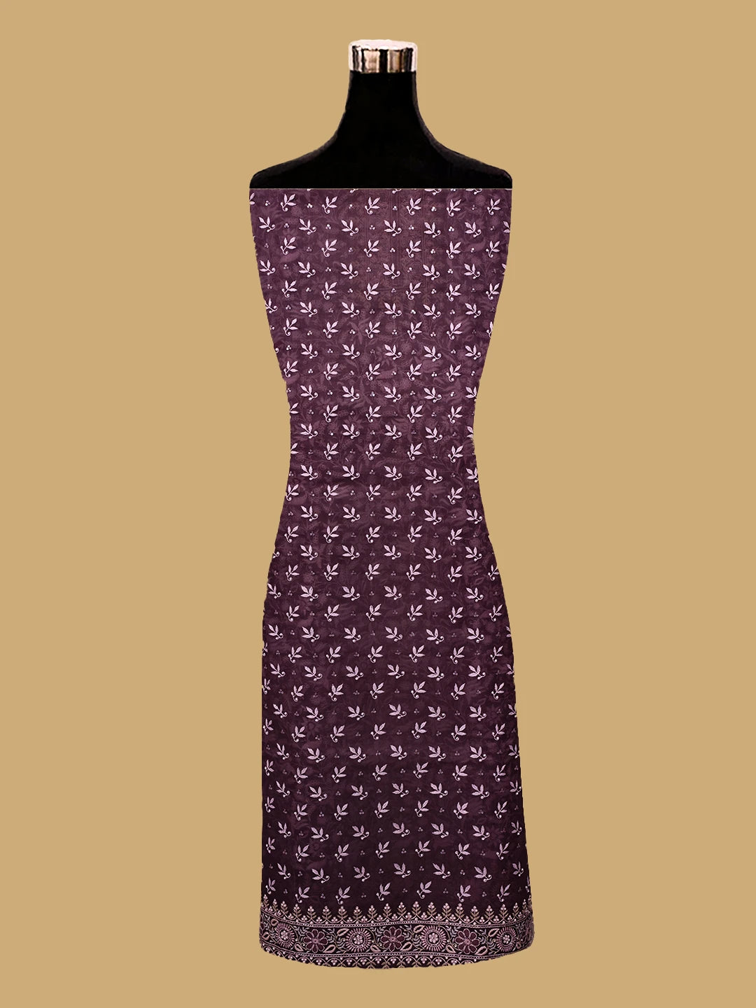Ada Hand Embroidered Wine Organza Lucknowi Chikankari Unstitched Kurta Dupatta Set With Cutdana Work 01A727165