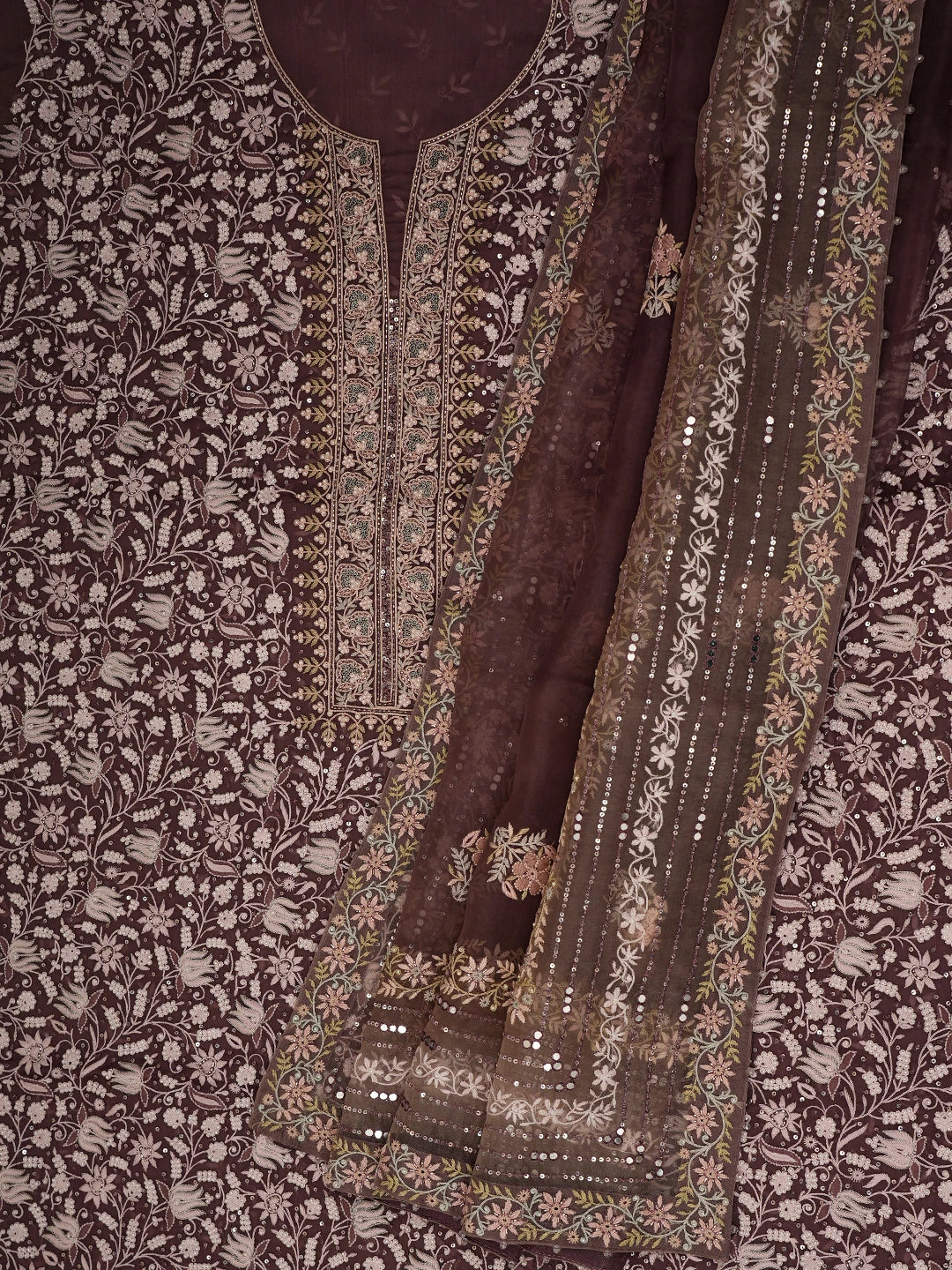 Ada Hand Embroidered Wine Organza Lucknowi Chikankari Unstitched Kurta Dupatta Set With Cutdana Work 01A727165