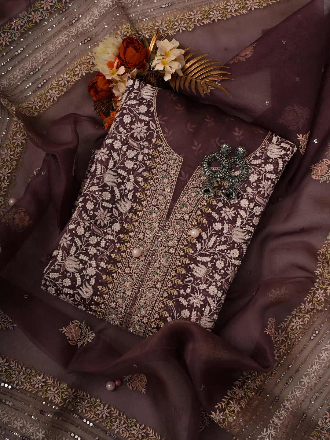 Ada Hand Embroidered Wine Organza Lucknowi Chikankari Unstitched Kurta Dupatta Set With Cutdana Work 01A727165