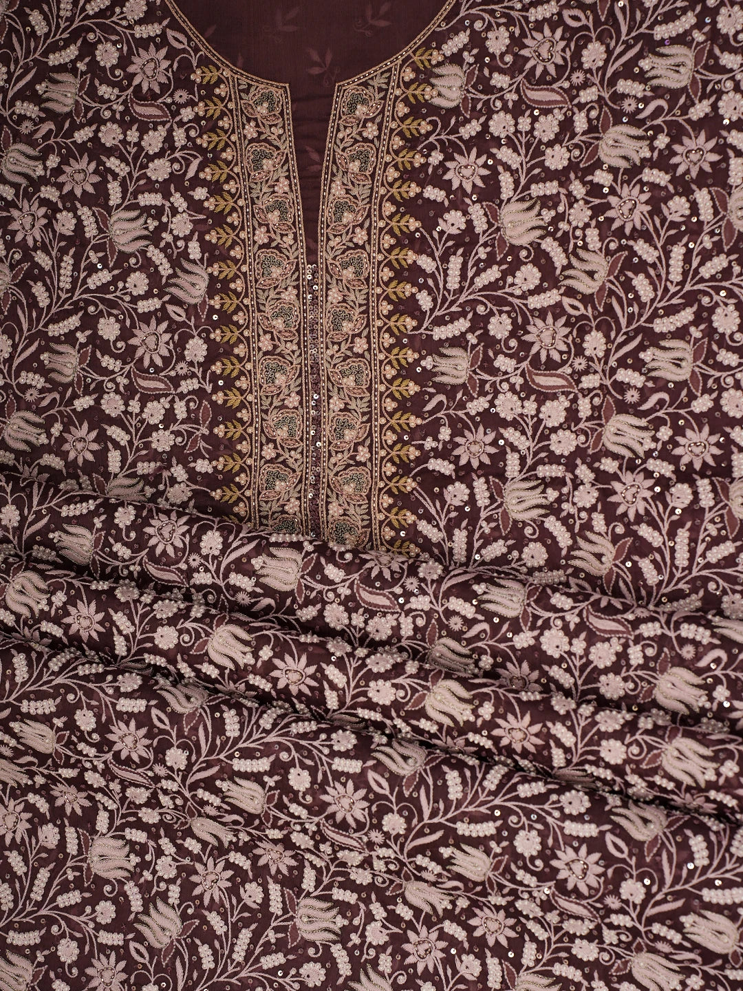 Ada Hand Embroidered Wine Organza Lucknowi Chikankari Unstitched Kurta Dupatta Set With Cutdana Work 01A727165