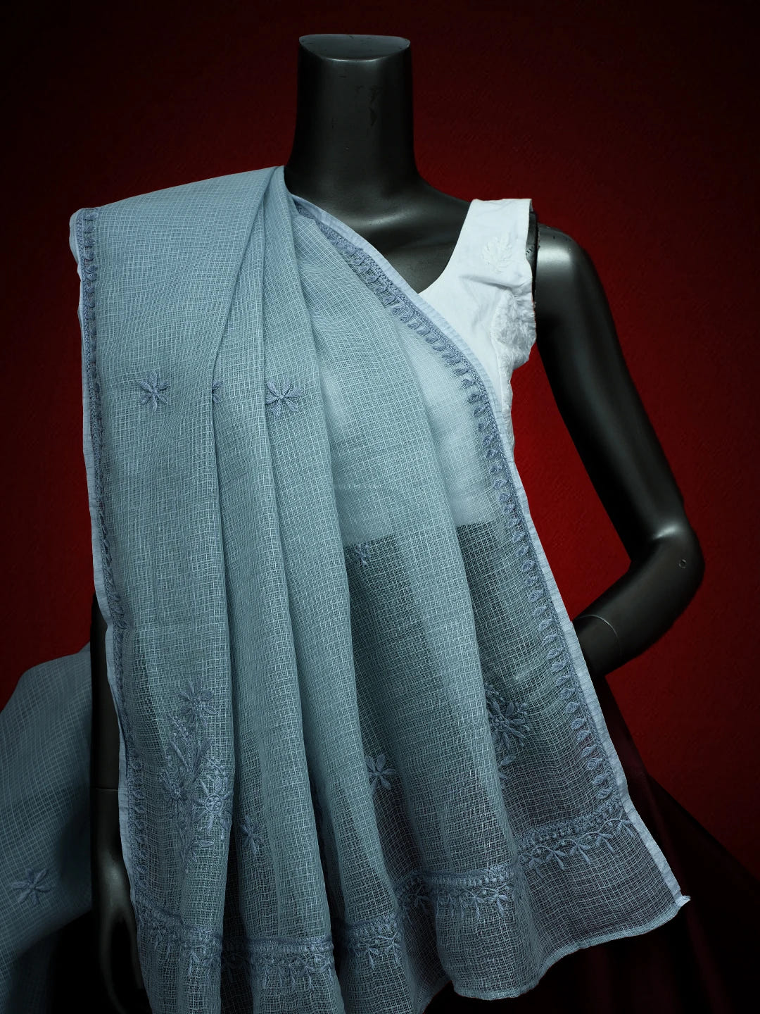 Ada Hand Embroidered Cadet Grey Kota Lucknowi Chikankari Dupatta 01A692766