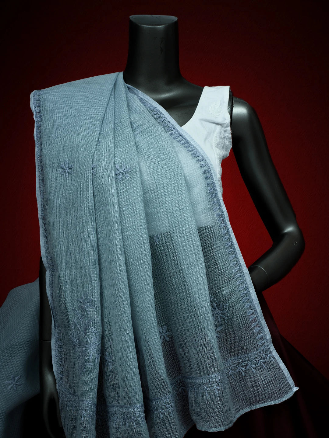 Ada Hand Embroidered Cadet Grey Kota Lucknowi Chikankari Dupatta 01A692766