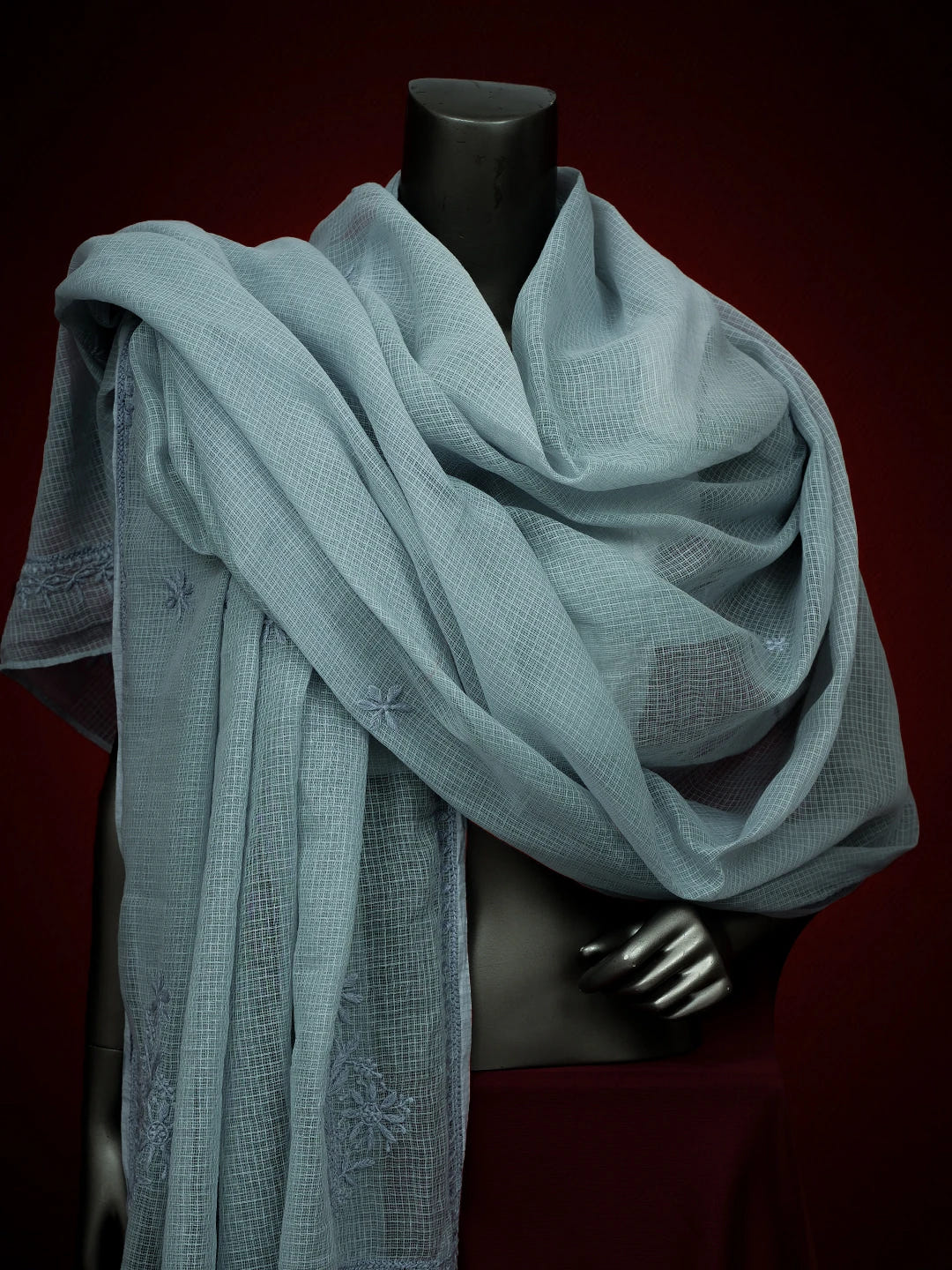 Ada Hand Embroidered Cadet Grey Kota Lucknowi Chikankari Dupatta 01A692766