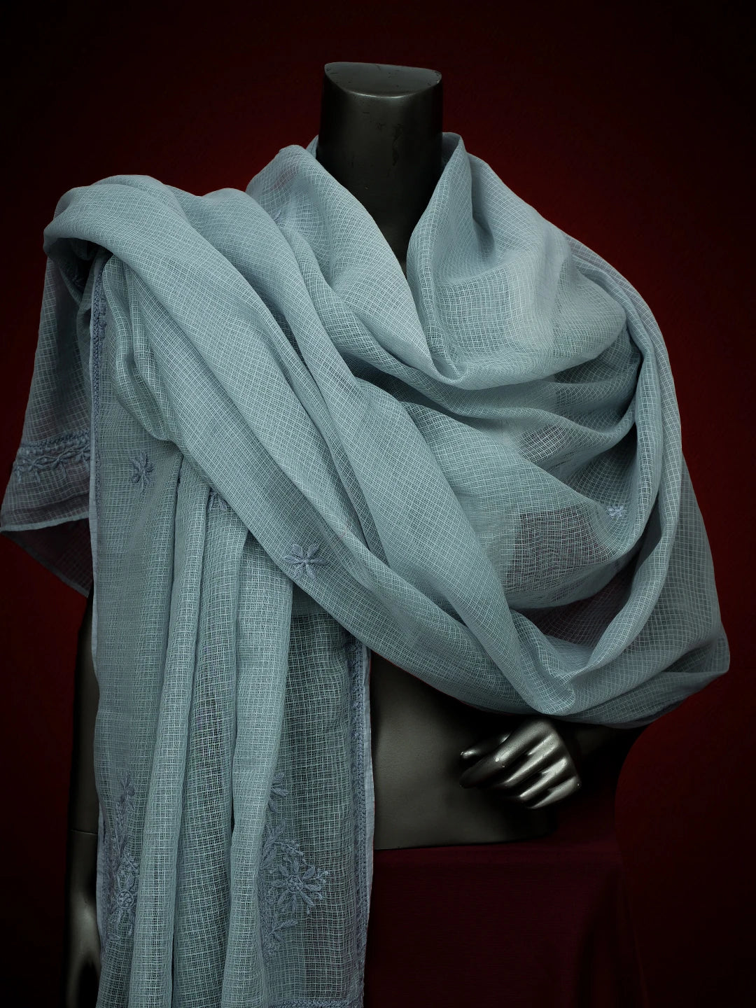 Ada Hand Embroidered Cadet Grey Kota Lucknowi Chikankari Dupatta 01A692766