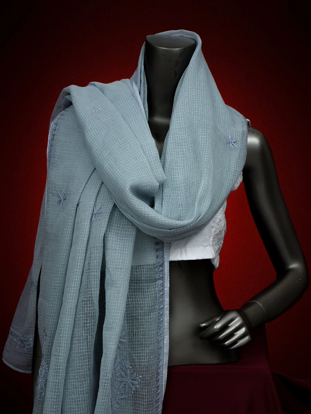 Ada Hand Embroidered Cadet Grey Kota Lucknowi Chikankari Dupatta 01A692766