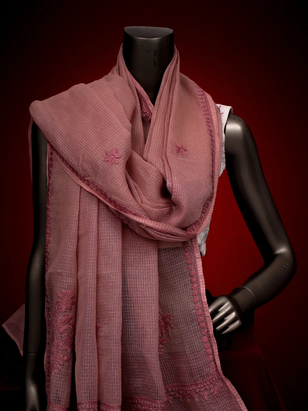 Ada Hand Embroidered Dusty Peach Kota Lucknowi Chikankari Dupatta 01A692767