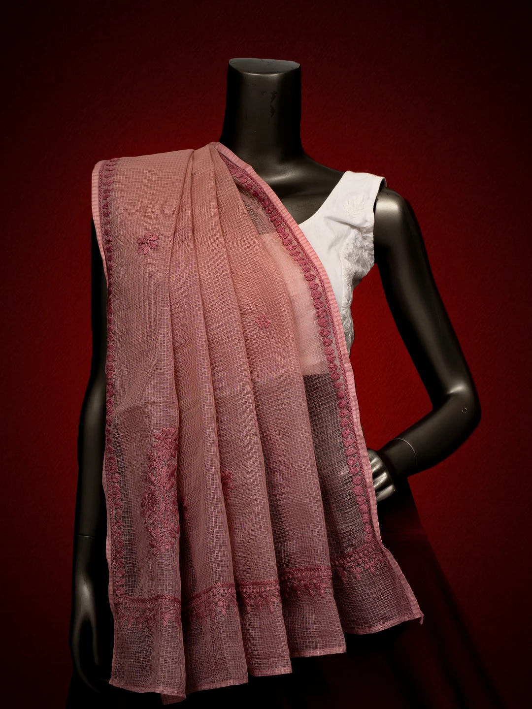 Ada Hand Embroidered Dusty Peach Kota Lucknowi Chikankari Dupatta 01A692767