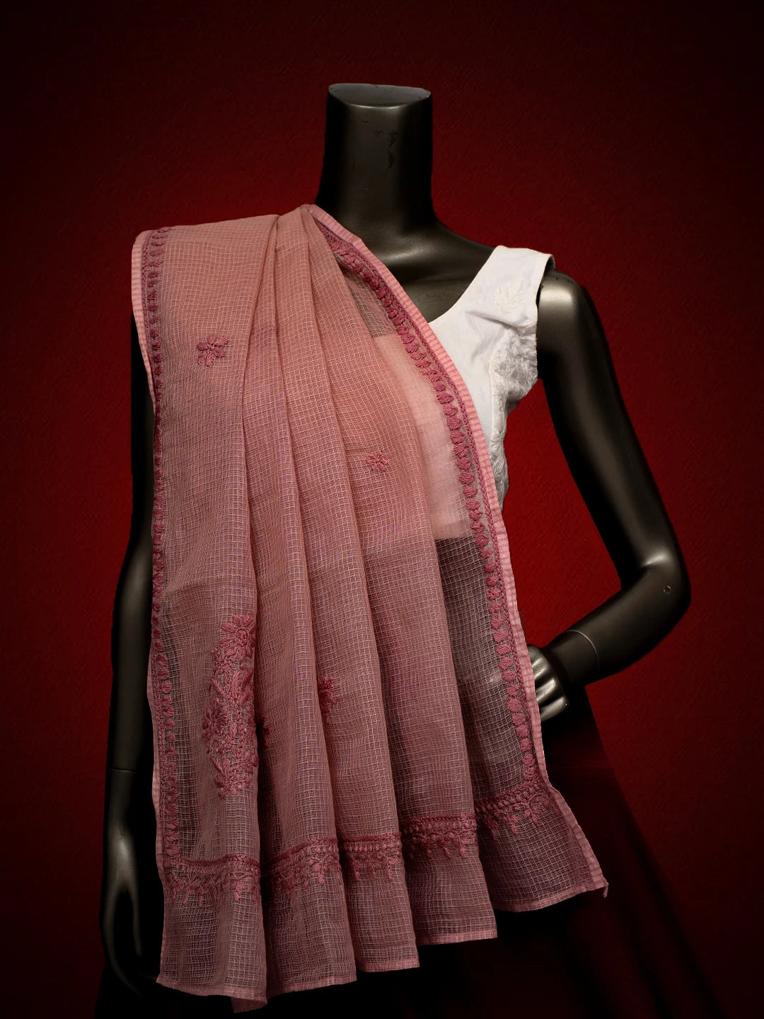 Ada Hand Embroidered Dusty Peach Kota Lucknowi Chikankari Dupatta 01A692767