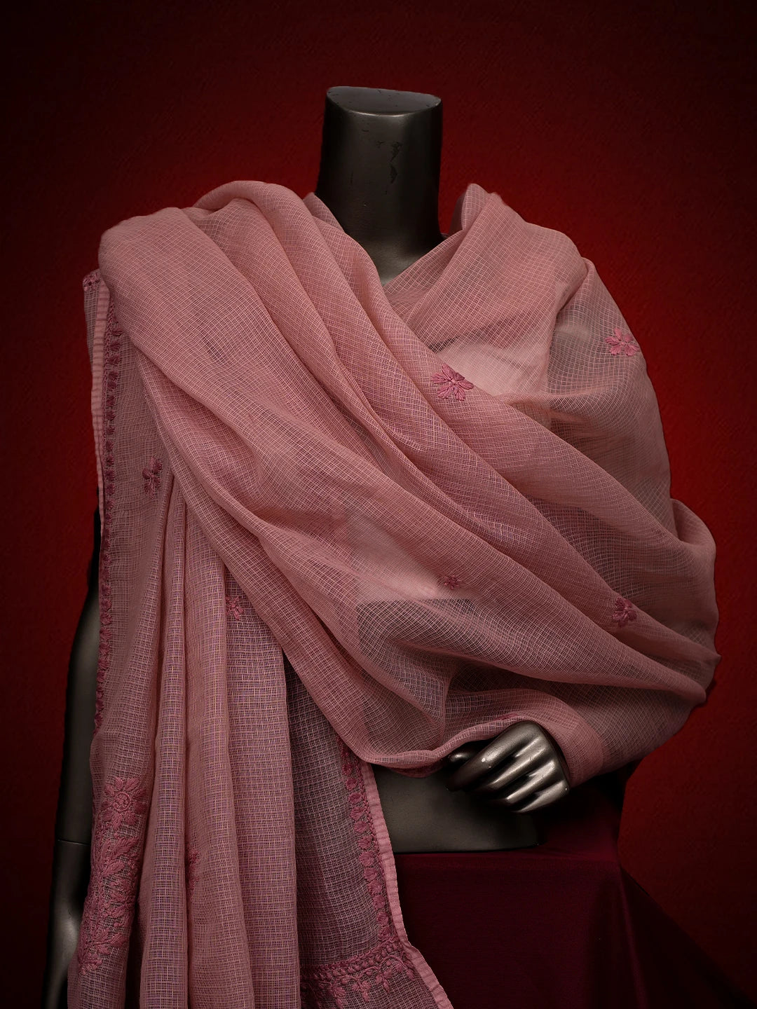 Ada Hand Embroidered Dusty Peach Kota Lucknowi Chikankari Dupatta 01A692767