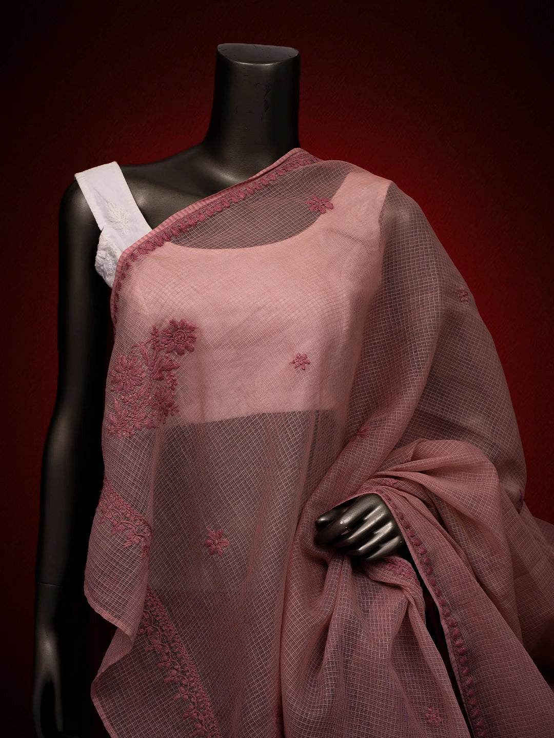 Ada Hand Embroidered Dusty Peach Kota Lucknowi Chikankari Dupatta 01A692767