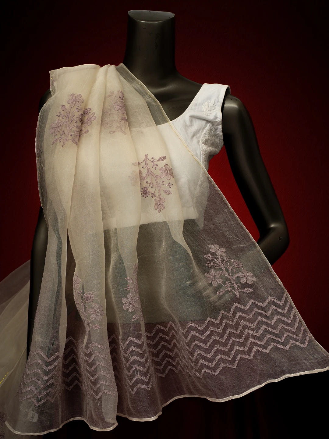 Ada Hand Embroidered Ivory White Organza Lucknowi Chikankari Dupatta With Zari Work 01A673041