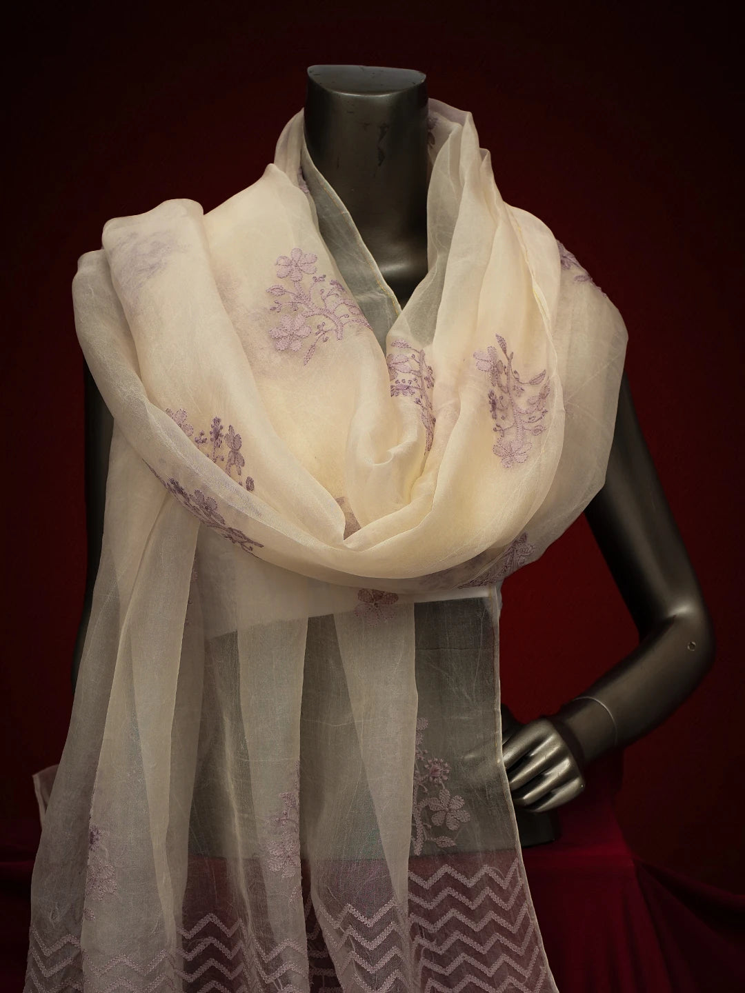 Ada Hand Embroidered Ivory White Organza Lucknowi Chikankari Dupatta With Zari Work 01A673041