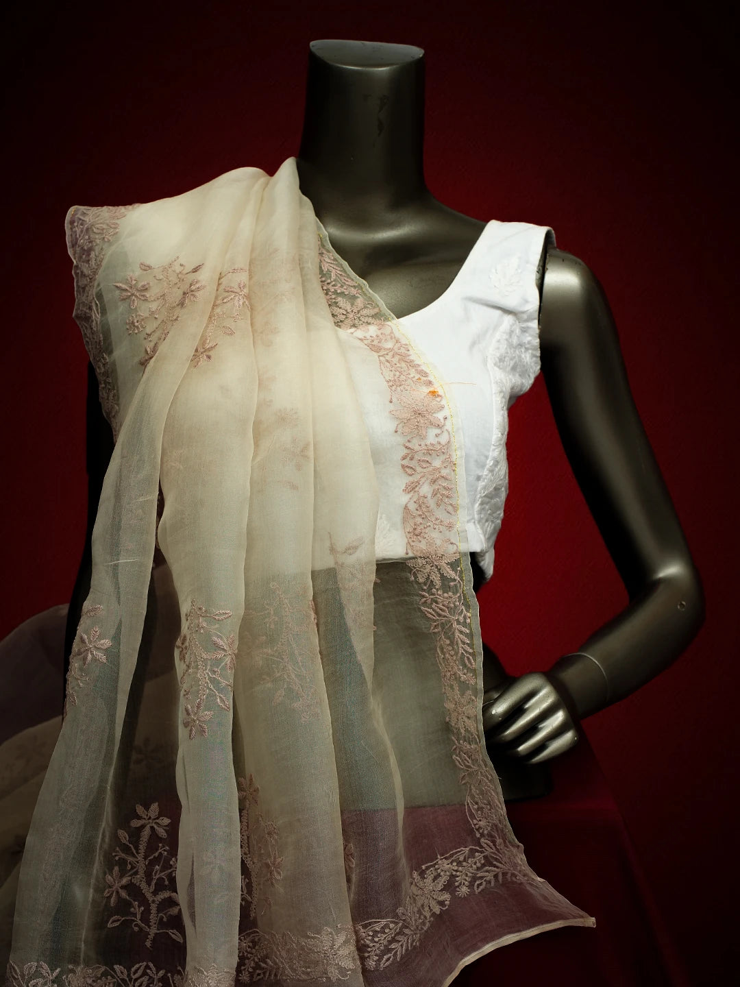 Ada Hand Embroidered TimberWolf White Organza Lucknowi Chikankari Dupatta 01A680345