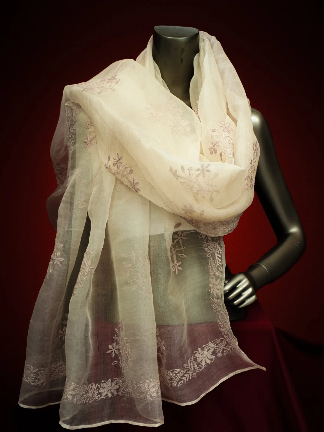 Ada Hand Embroidered TimberWolf White Organza Lucknowi Chikankari Dupatta 01A680345