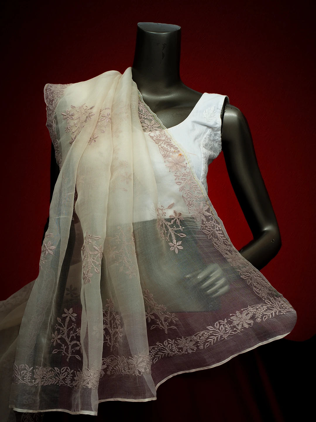 Ada Hand Embroidered TimberWolf White Organza Lucknowi Chikankari Dupatta 01A680345