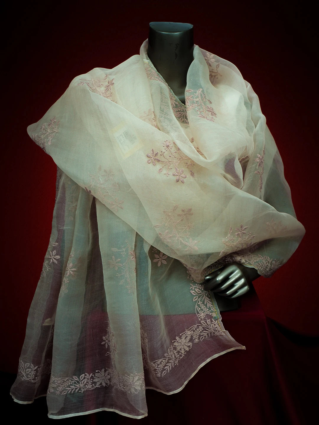 Ada Hand Embroidered TimberWolf White Organza Lucknowi Chikankari Dupatta 01A680345