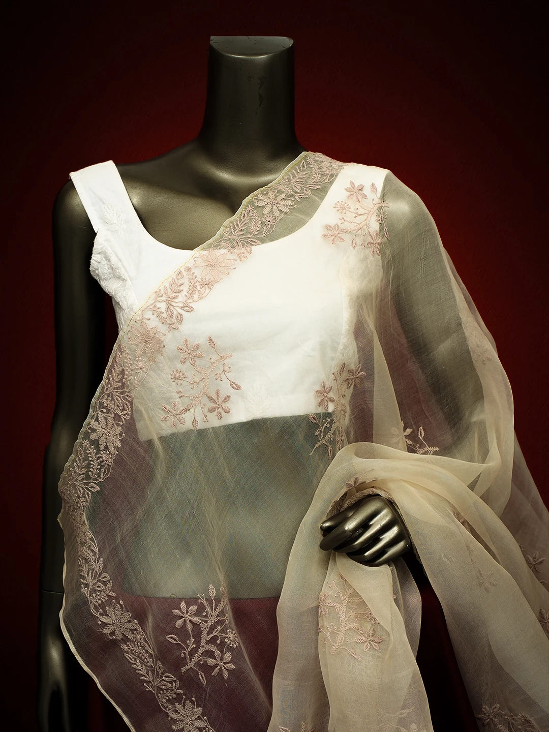 Ada Hand Embroidered TimberWolf White Organza Lucknowi Chikankari Dupatta 01A680345