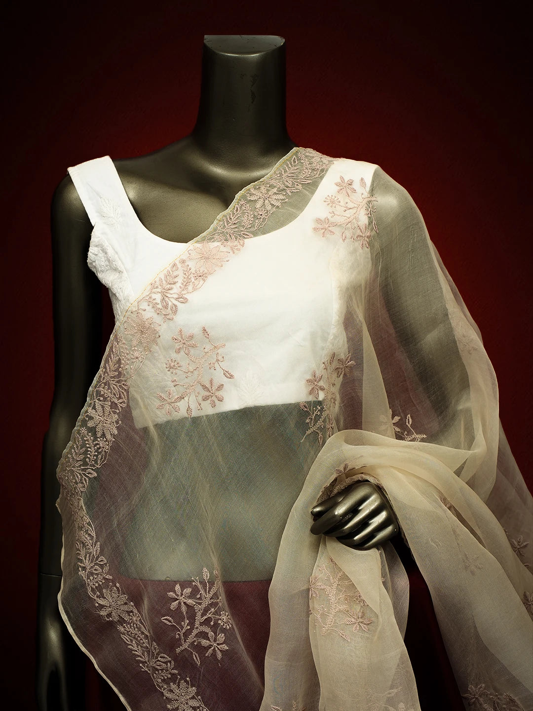 Ada Hand Embroidered TimberWolf White Organza Lucknowi Chikankari Dupatta 01A680345
