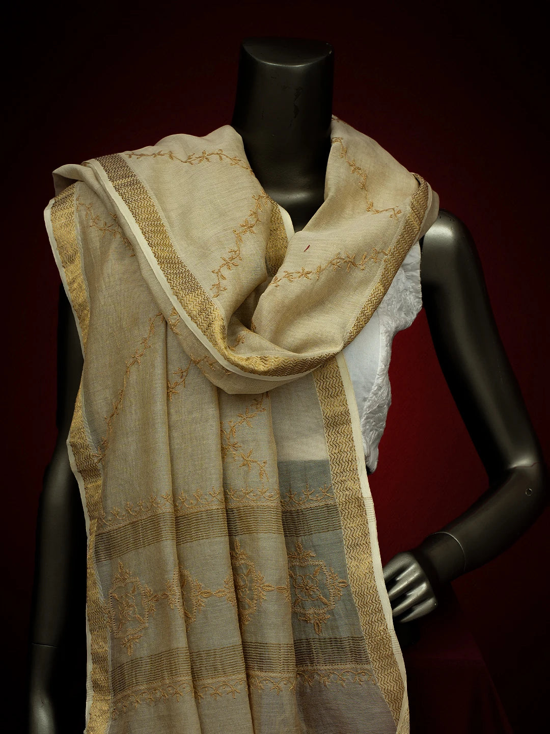Ada Hand Embroidered Fawn Silk Lucknowi Chikankari Dupatta With Zari Work 01A681115