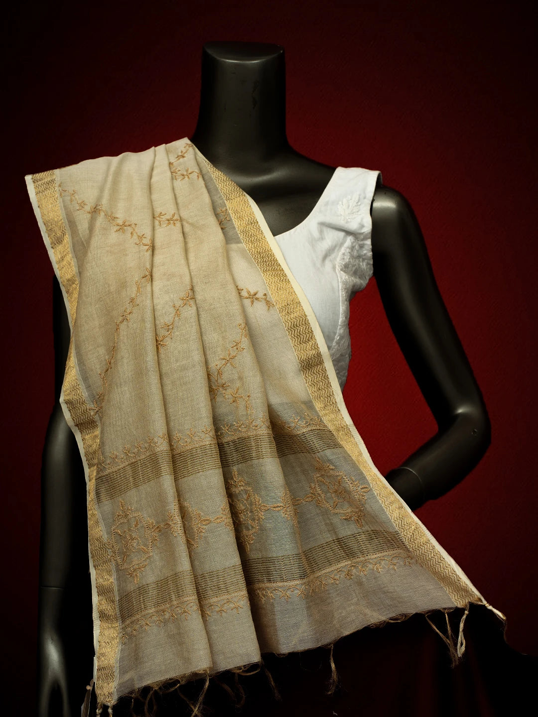 Ada Hand Embroidered Fawn Silk Lucknowi Chikankari Dupatta With Zari Work 01A681115