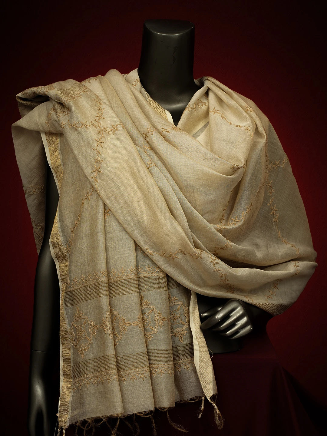 Ada Hand Embroidered Fawn Silk Lucknowi Chikankari Dupatta With Zari Work 01A681115