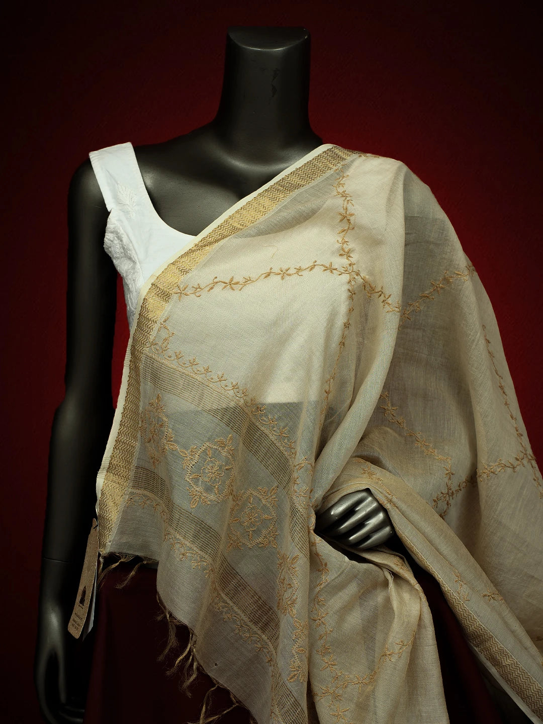 Ada Hand Embroidered Fawn Silk Lucknowi Chikankari Dupatta With Zari Work 01A681115