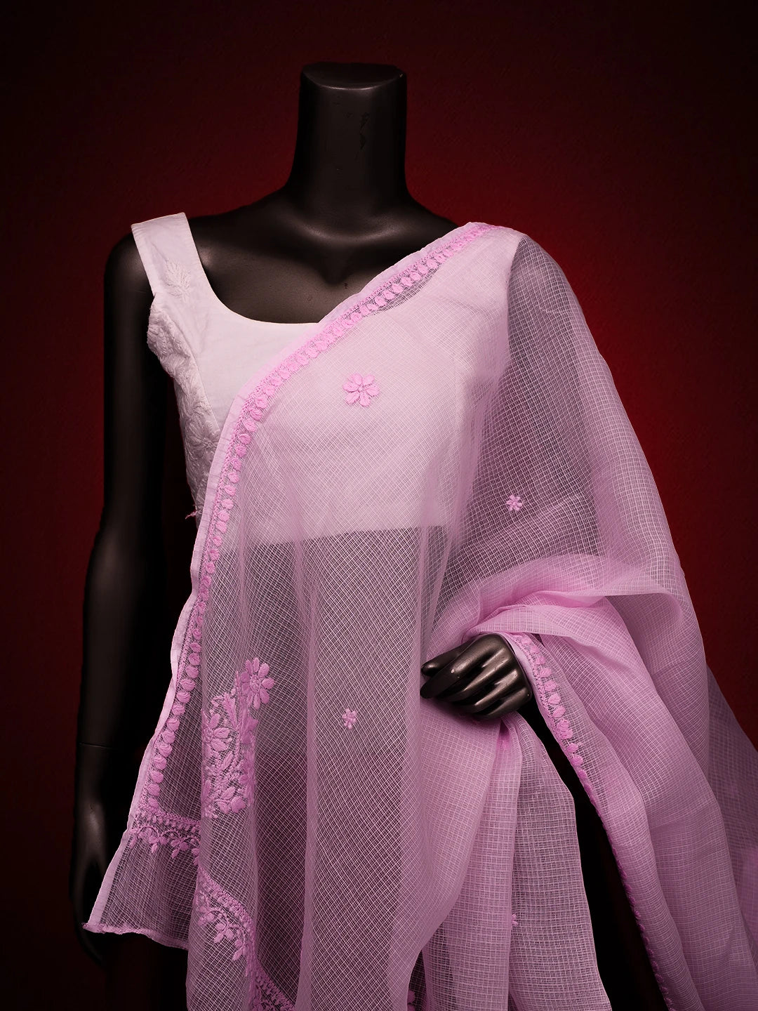 Ada Hand Embroidered Pink Kota Lucknowi Chikankari Dupatta 01A692771