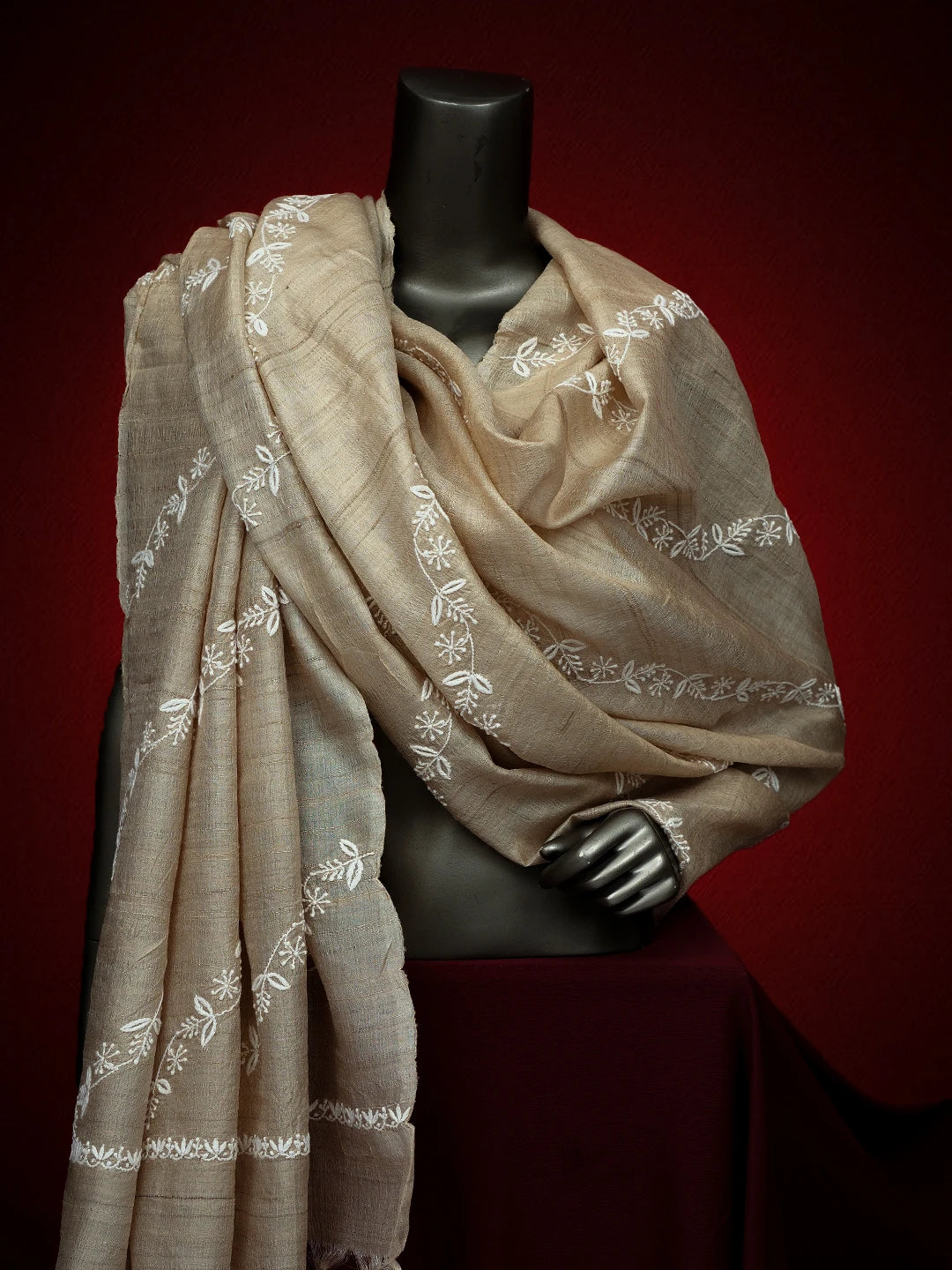Ada Hand Embroidered Fawn Tussar Silk Lucknowi Chikankari Dupatta 01A641035