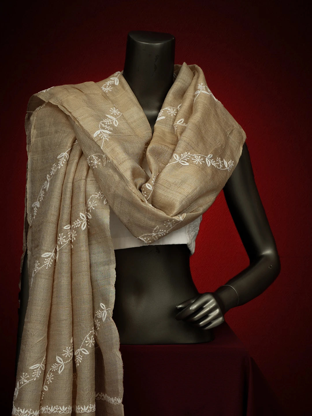 Ada Hand Embroidered Fawn Tussar Silk Lucknowi Chikankari Dupatta 01A641035