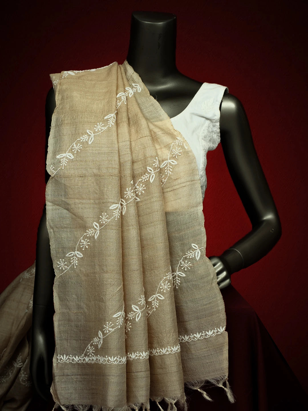 Ada Hand Embroidered Fawn Tussar Silk Lucknowi Chikankari Dupatta 01A641035