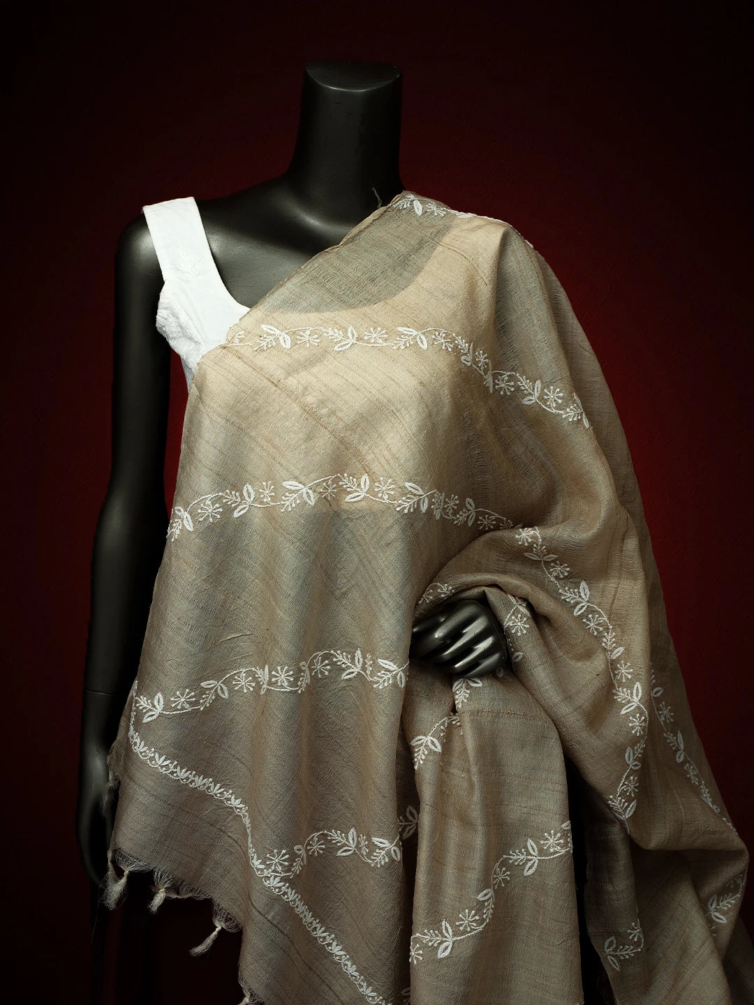 Ada Hand Embroidered Fawn Tussar Silk Lucknowi Chikankari Dupatta 01A641035