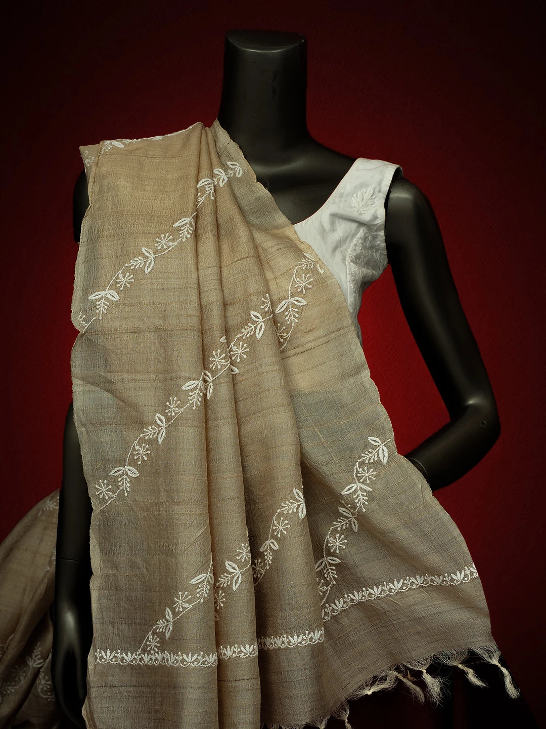 Ada Hand Embroidered Fawn Tussar Silk Lucknowi Chikankari Dupatta 01A641035