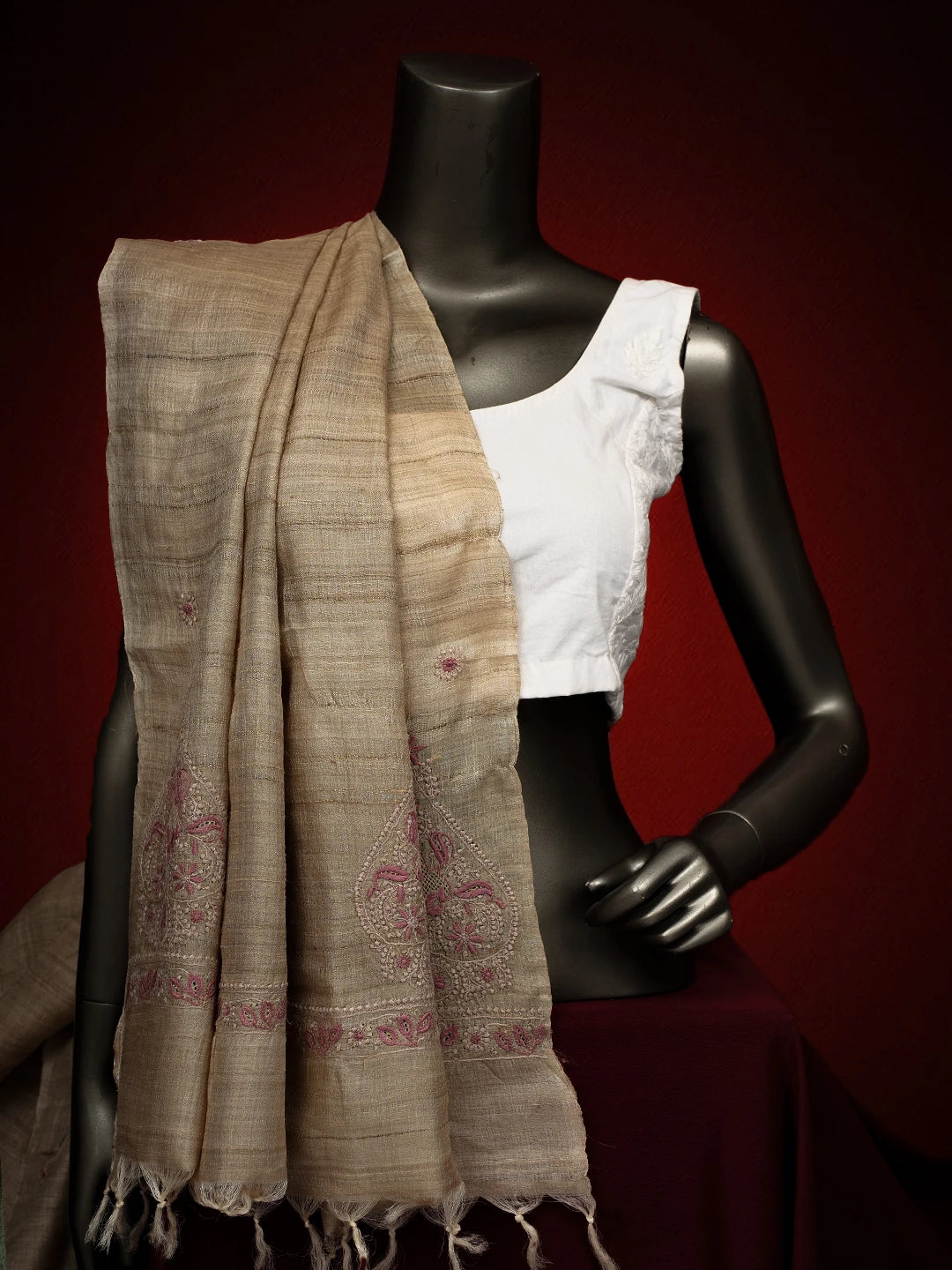 Ada Hand Embroidered Fawn Silk Lucknowi Chikankari Dupatta 01A728618