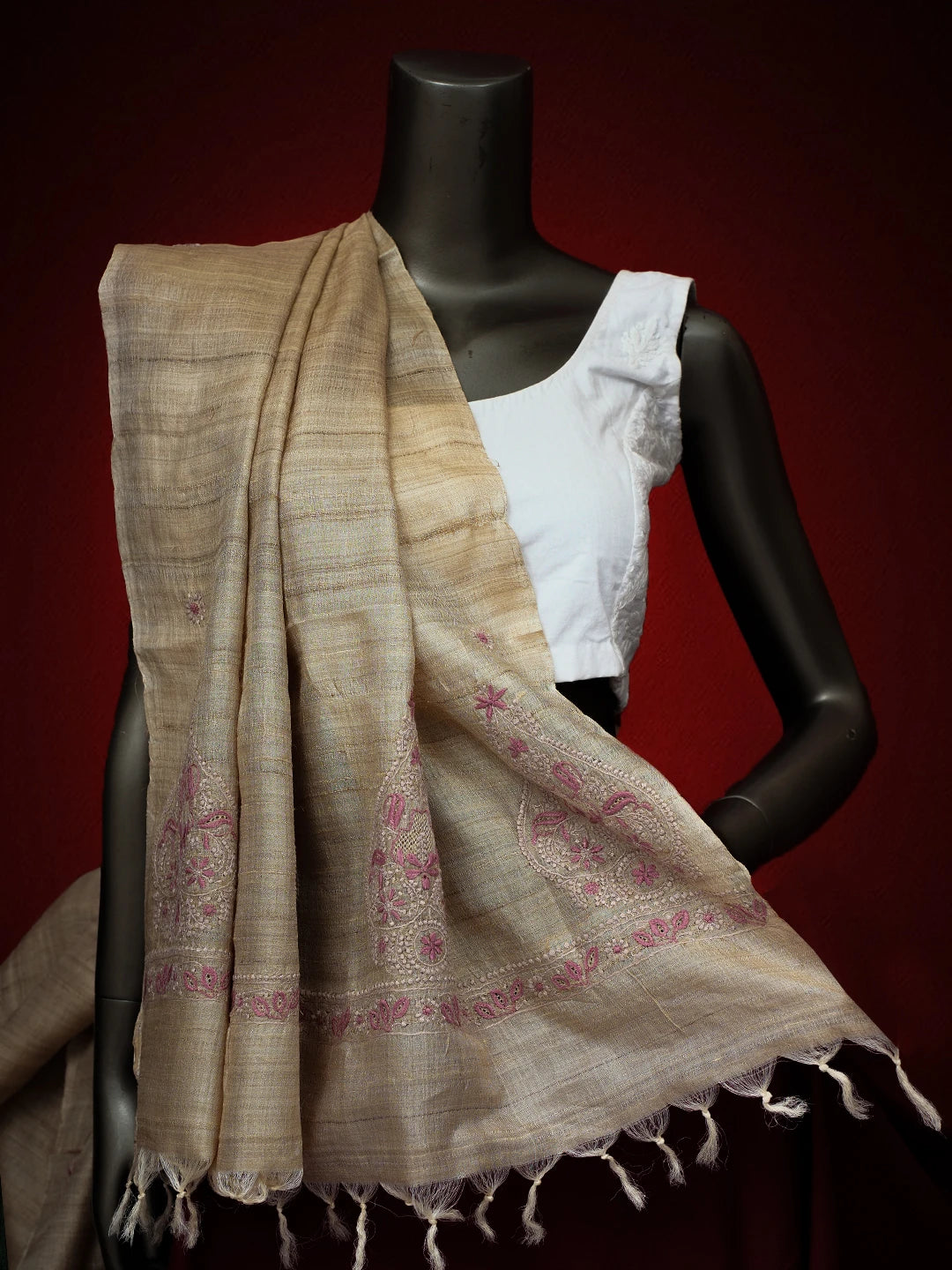 Ada Hand Embroidered Fawn Silk Lucknowi Chikankari Dupatta 01A728618