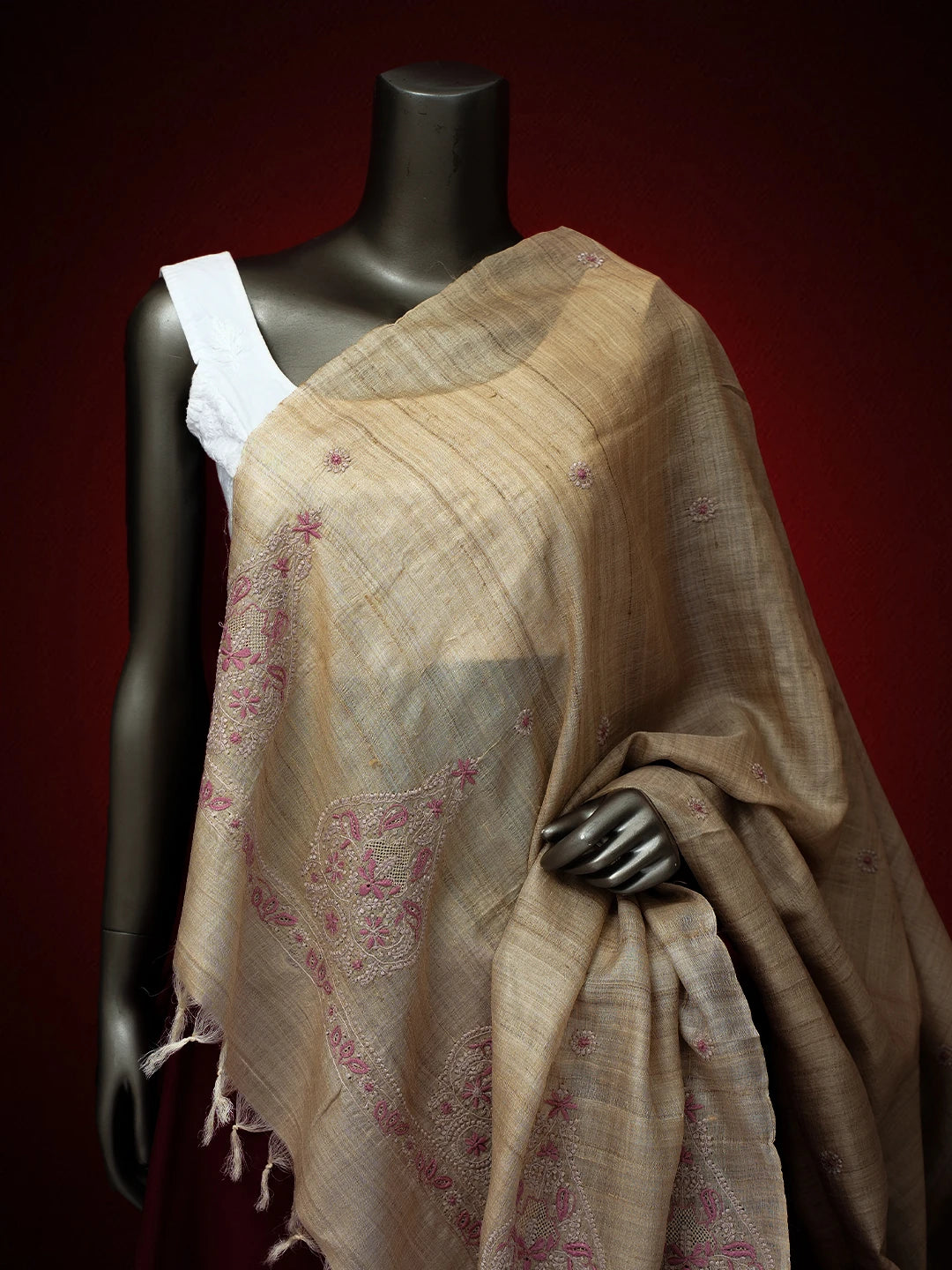 Ada Hand Embroidered Fawn Silk Lucknowi Chikankari Dupatta 01A728618