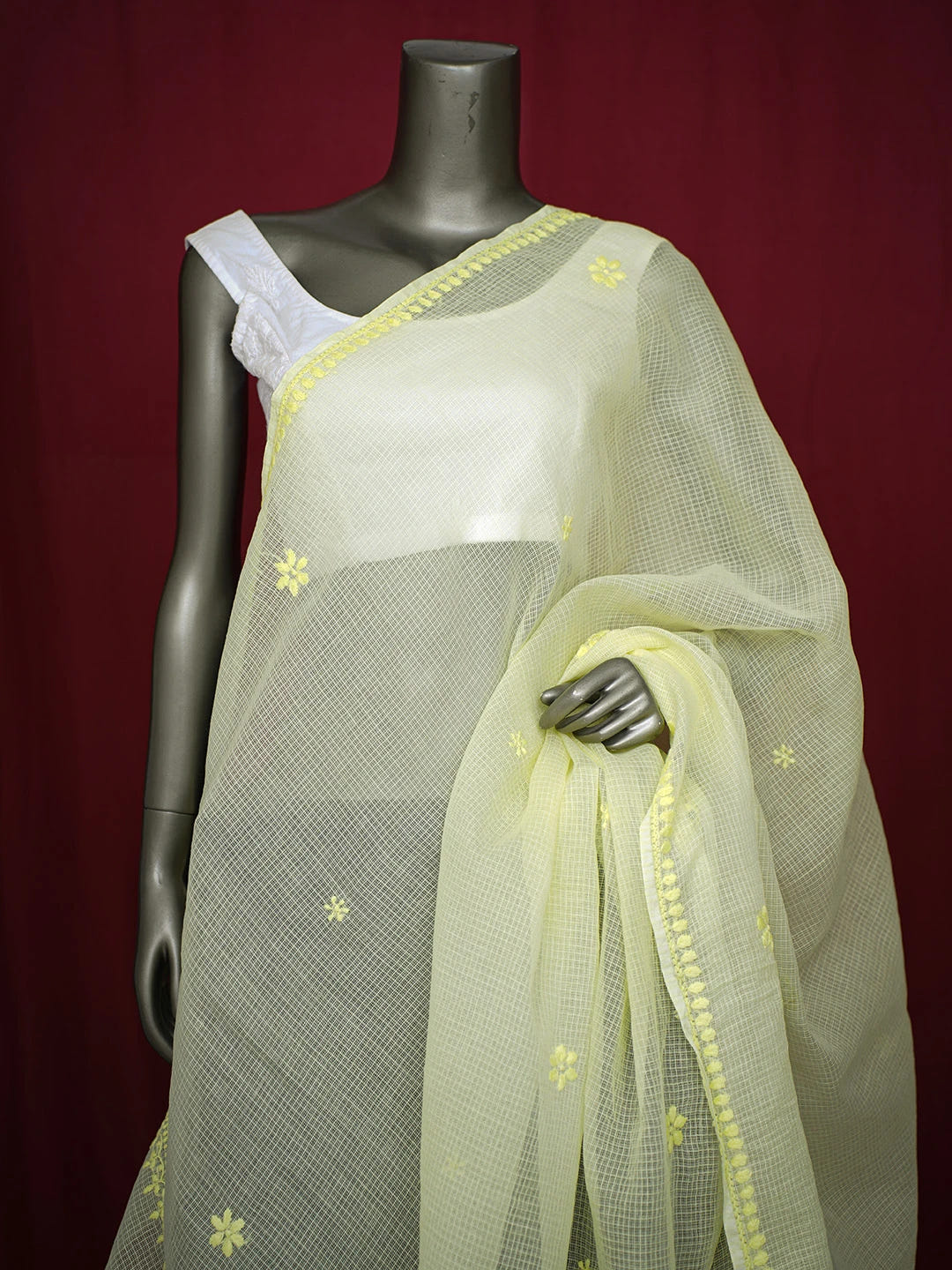 Ada Hand Embroidered Lemon Kota Lucknowi Chikankari Dupatta 01A692780