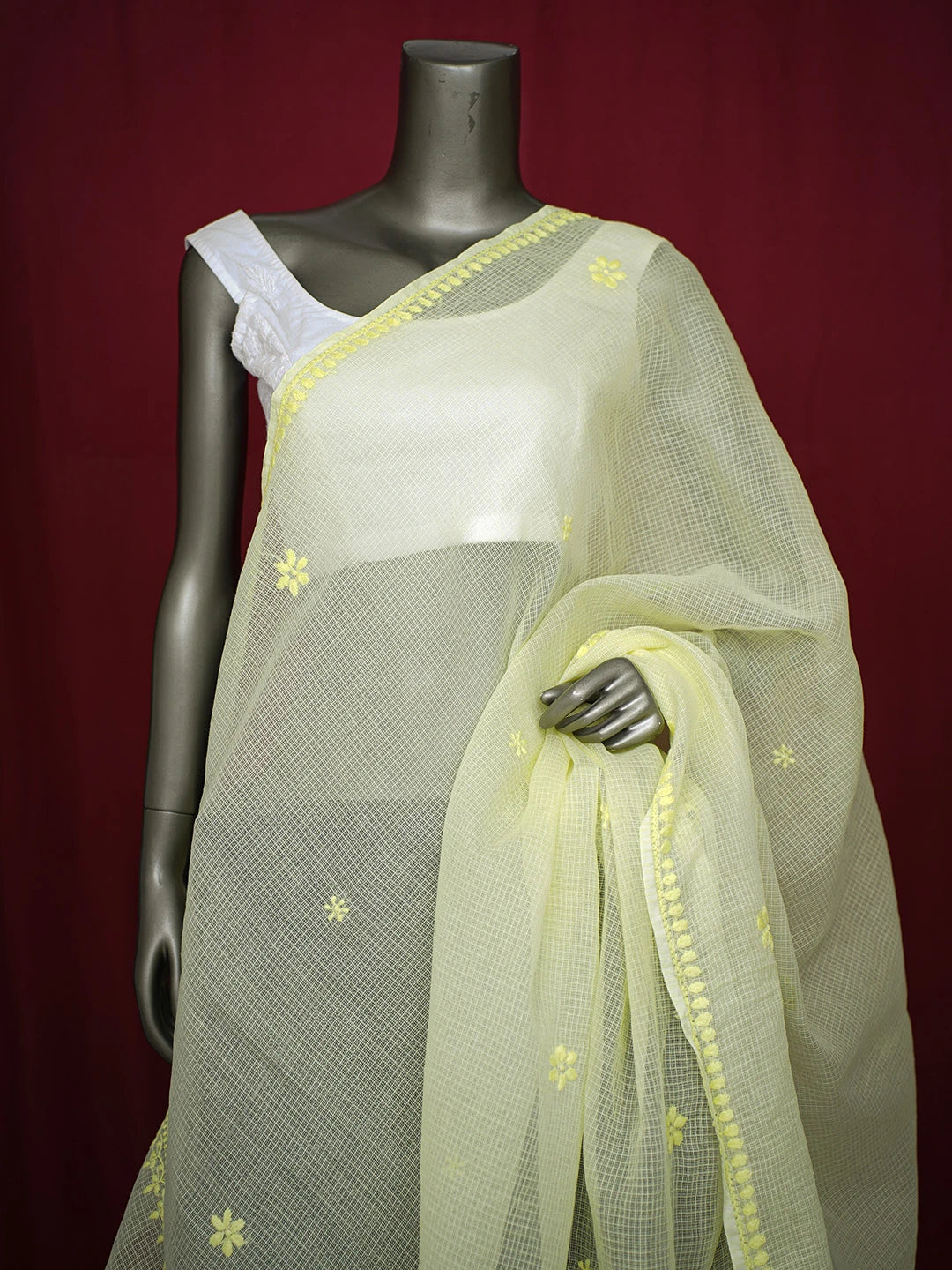 Ada Hand Embroidered Lemon Kota Lucknowi Chikankari Dupatta 01A692780