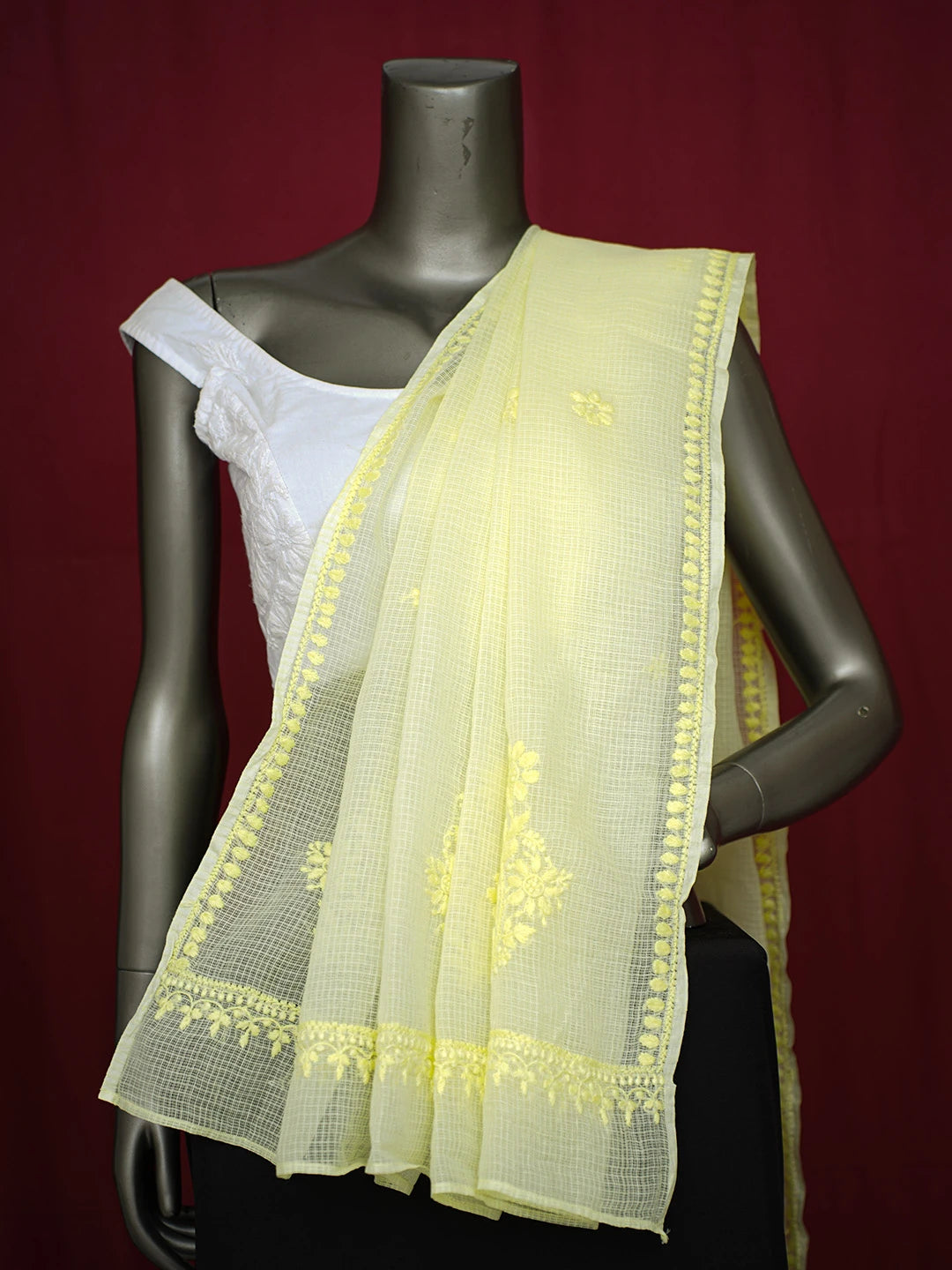 Ada Hand Embroidered Lemon Kota Lucknowi Chikankari Dupatta 01A692780