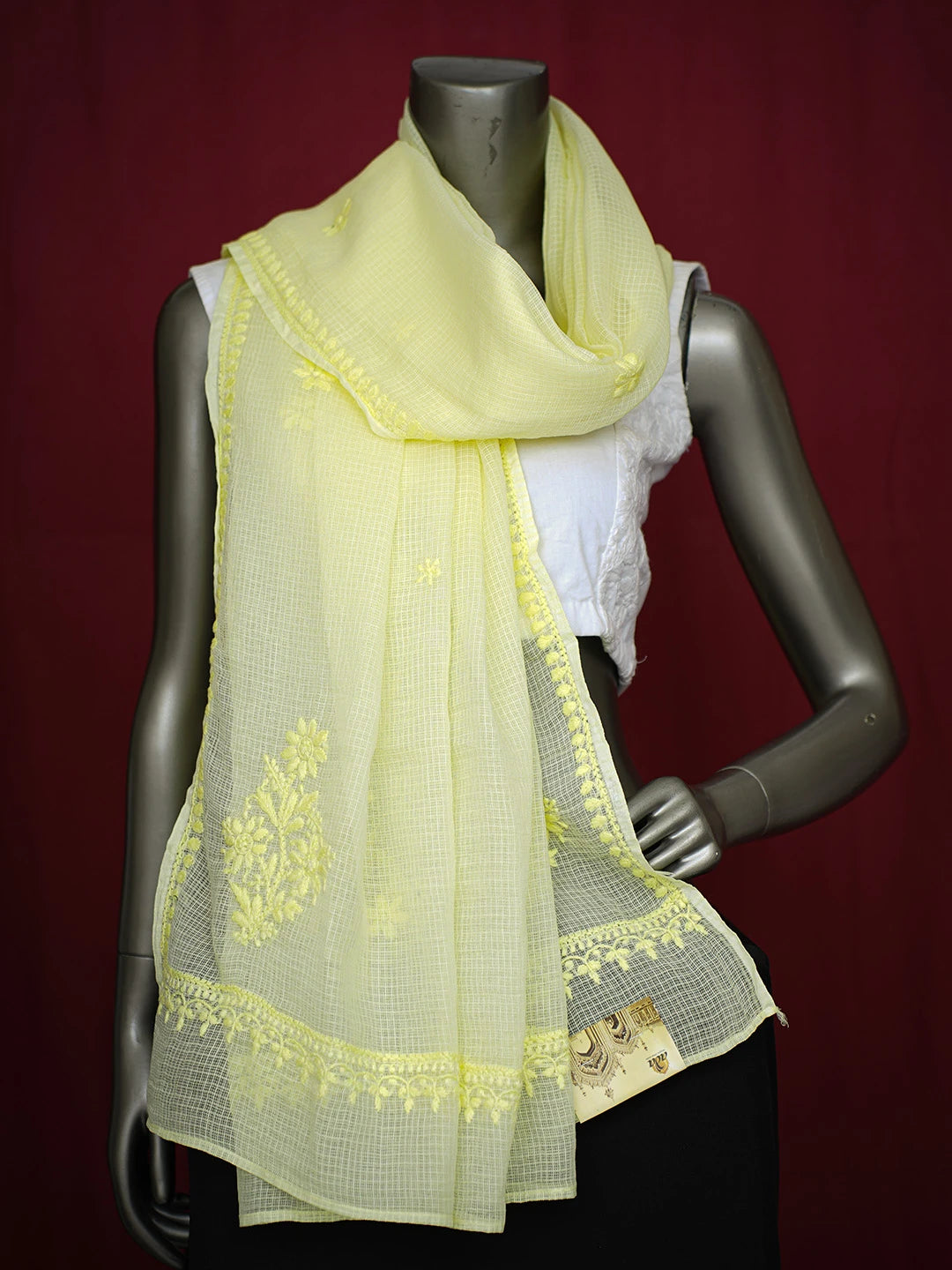 Ada Hand Embroidered Lemon Kota Lucknowi Chikankari Dupatta 01A692780