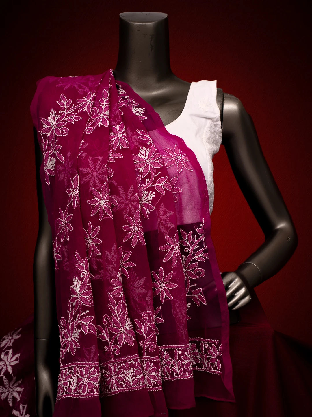 Ada Hand Embroidered Magenta Georgette Lucknowi Chikankari Dupatta 01A410210