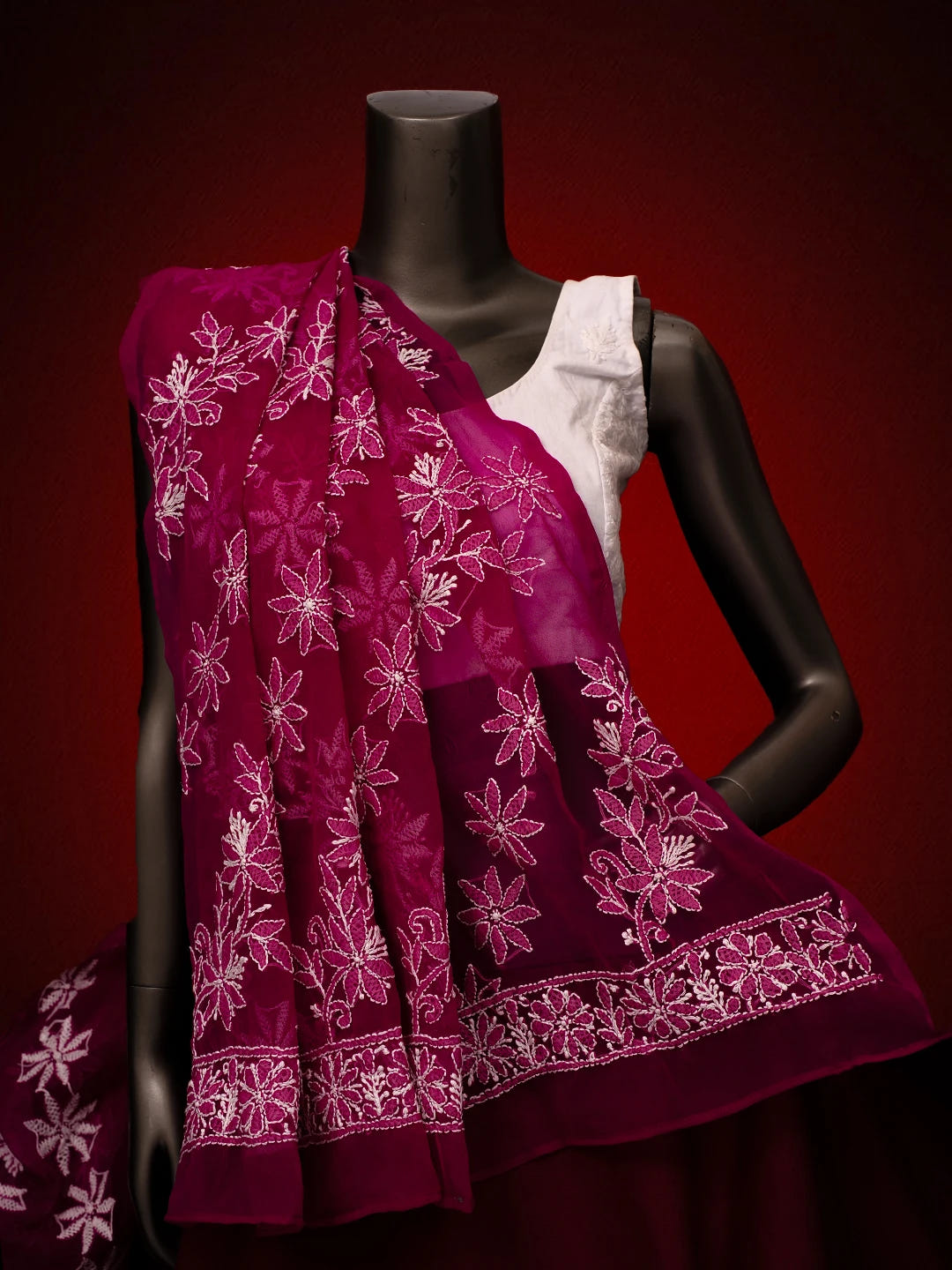 Ada Hand Embroidered Magenta Georgette Lucknowi Chikankari Dupatta 01A410210