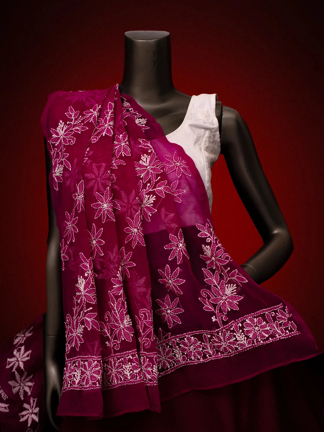 Ada Hand Embroidered Magenta Georgette Lucknowi Chikankari Dupatta 01A410210