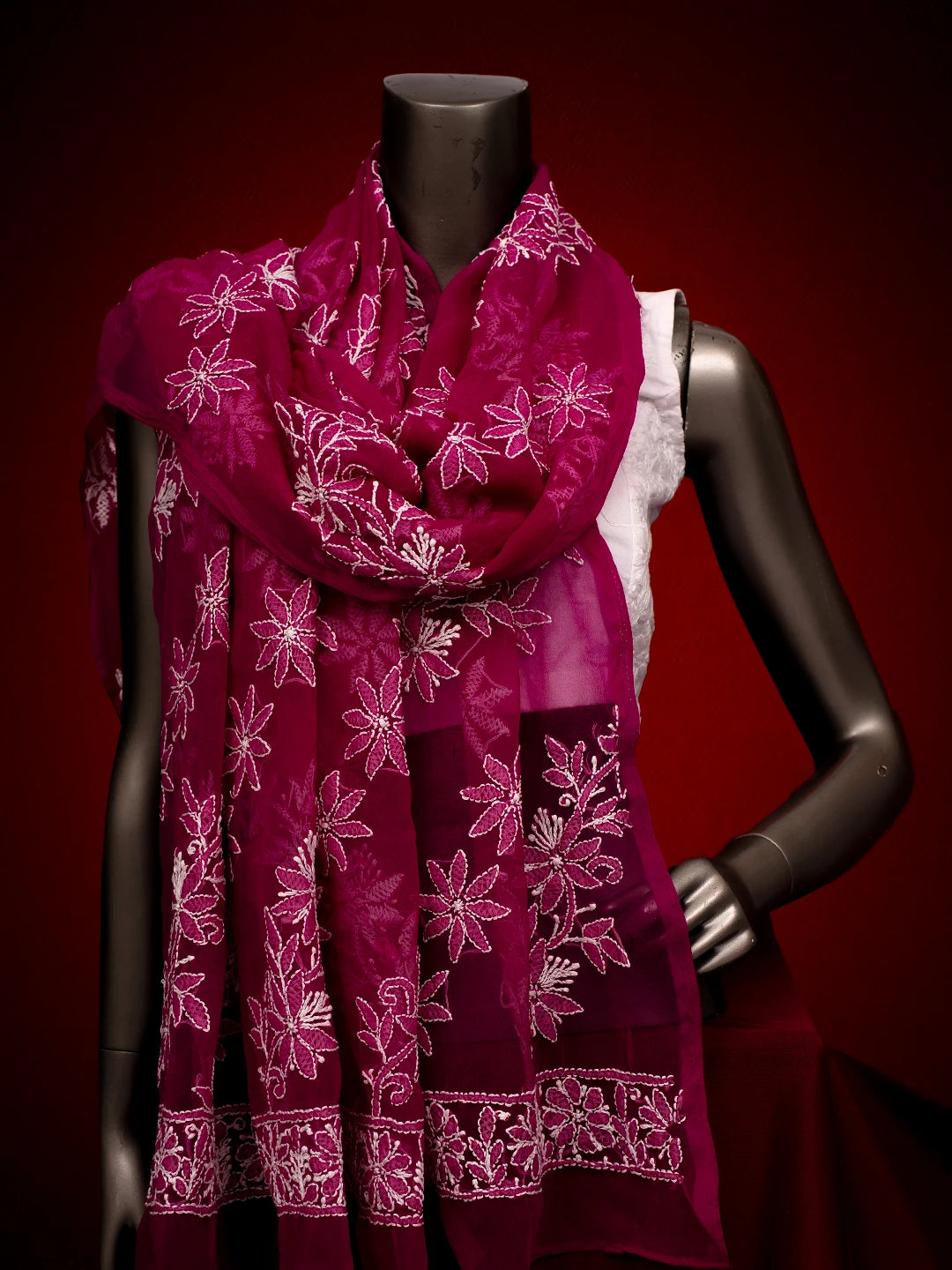 Ada Hand Embroidered Magenta Georgette Lucknowi Chikankari Dupatta 01A410210